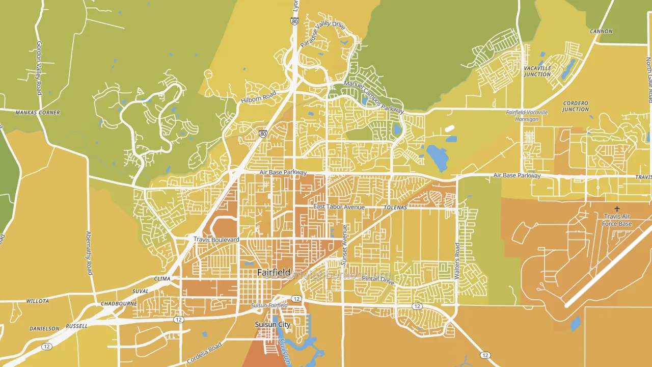 Map of the best neighborhoods in the 94533 area, with better matches in green and worse matches in red
