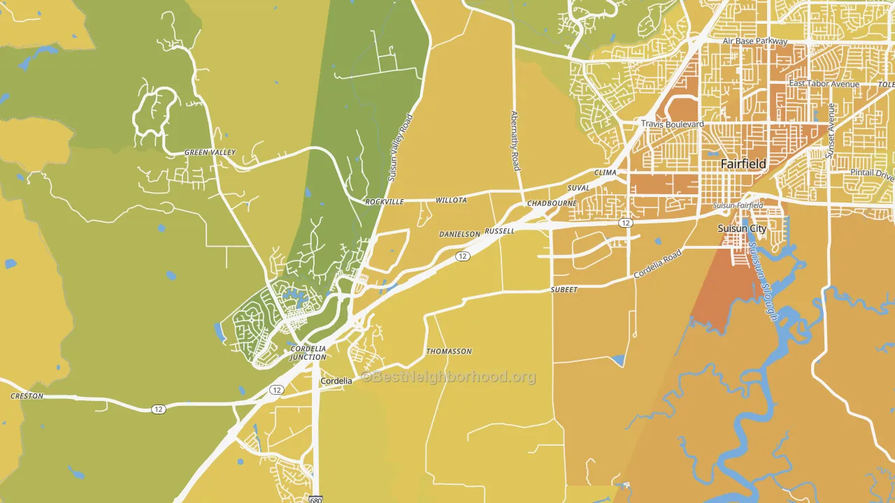 Map of the best neighborhoods in the 94534 area, with better matches in green and worse matches in red