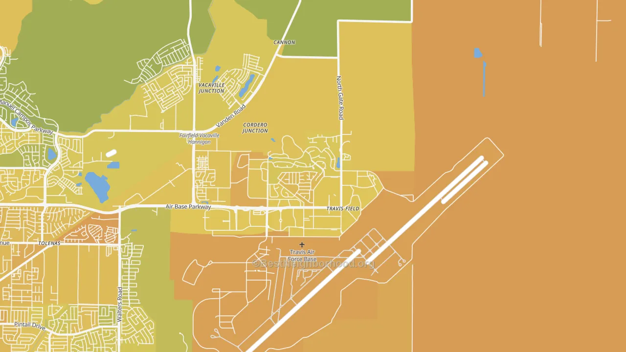 Map of the best neighborhoods in the 94535 area, with better matches in green and worse matches in red