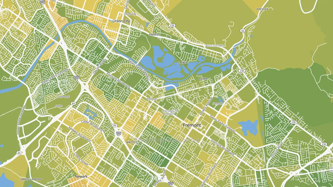 Map of the best neighborhoods in the 94536 area, with better matches in green and worse matches in red
