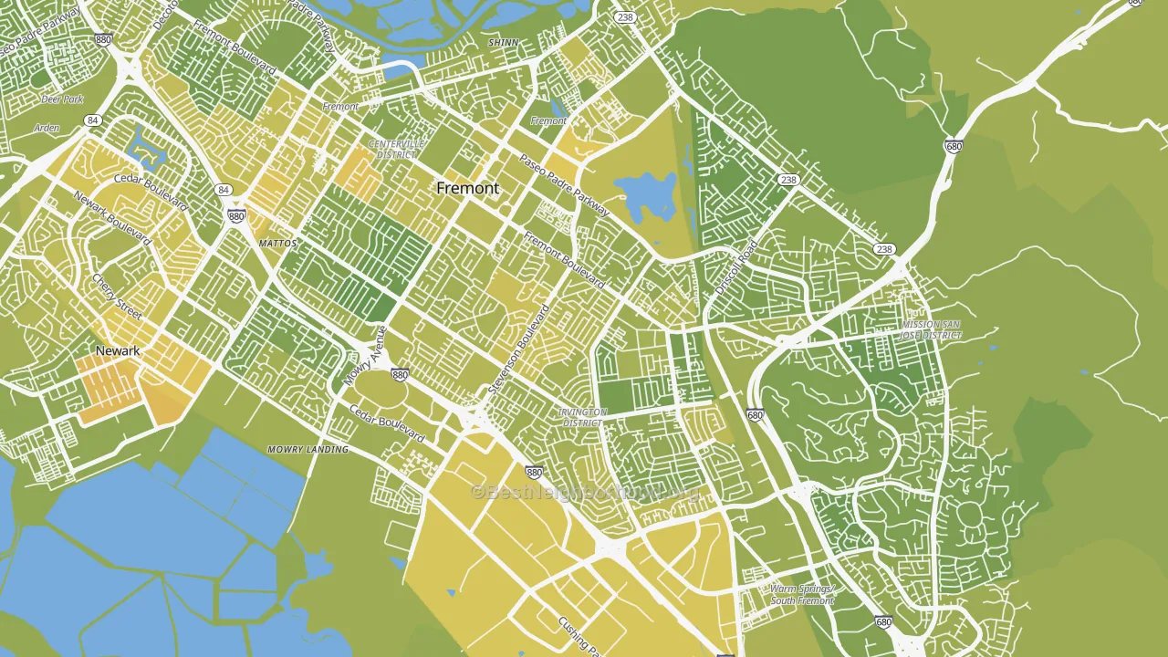 Map of the best neighborhoods in the 94538 area, with better matches in green and worse matches in red