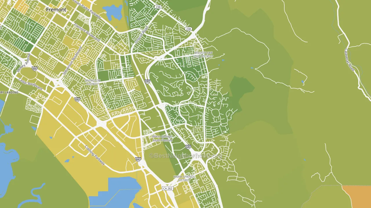 Map of the best neighborhoods in the 94539 area, with better matches in green and worse matches in red