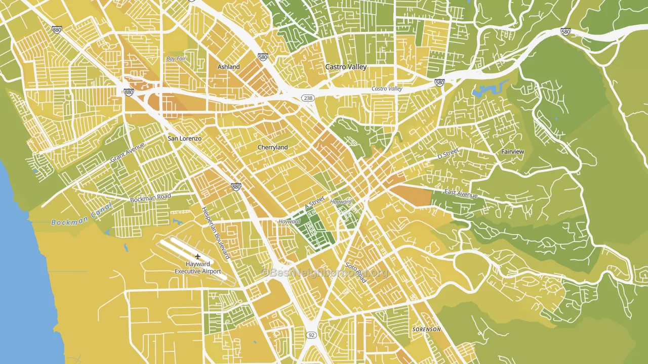 Map of the best neighborhoods in the 94541 area, with better matches in green and worse matches in red