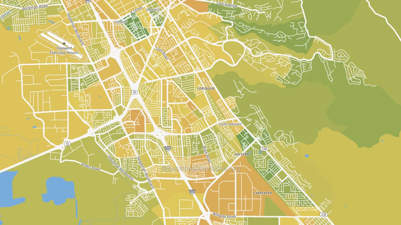 Map of the best neighborhoods in the 94544 area, with better matches in green and worse matches in red
