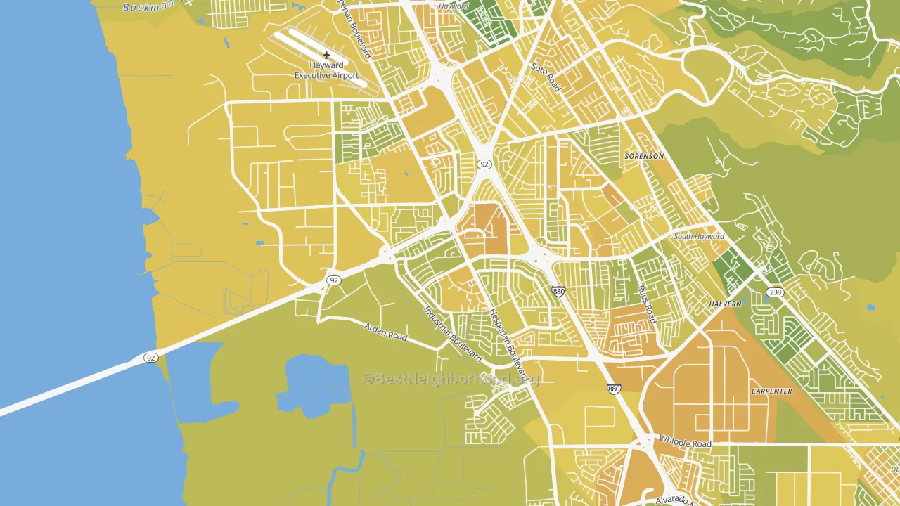 Map of the best neighborhoods in the 94545 area, with better matches in green and worse matches in red