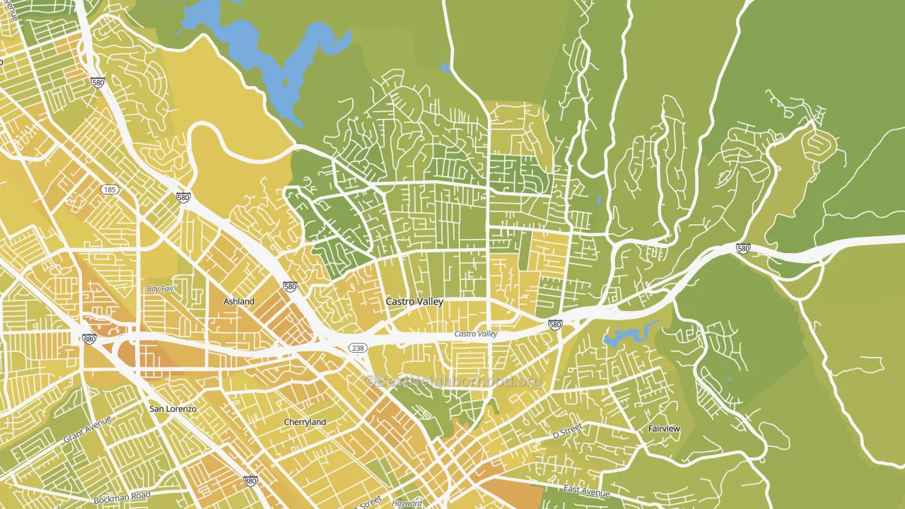 Map of the best neighborhoods in the 94546 area, with better matches in green and worse matches in red