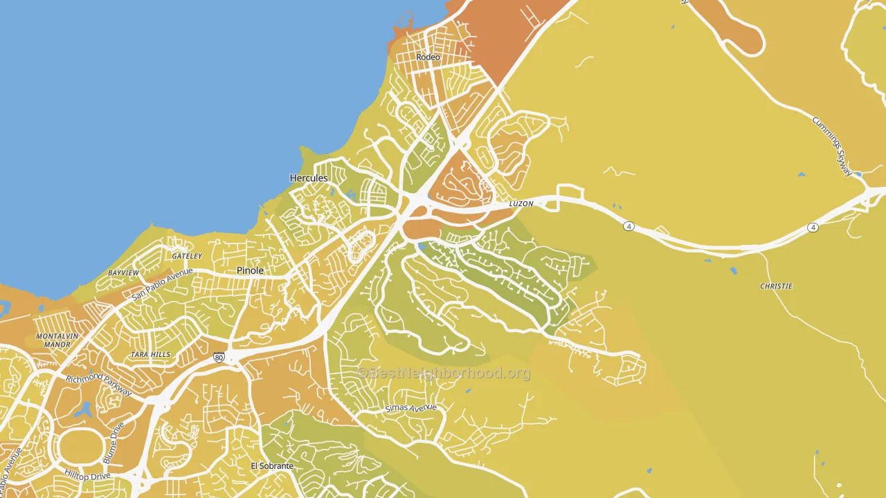 Map of the best neighborhoods in the 94547 area, with better matches in green and worse matches in red