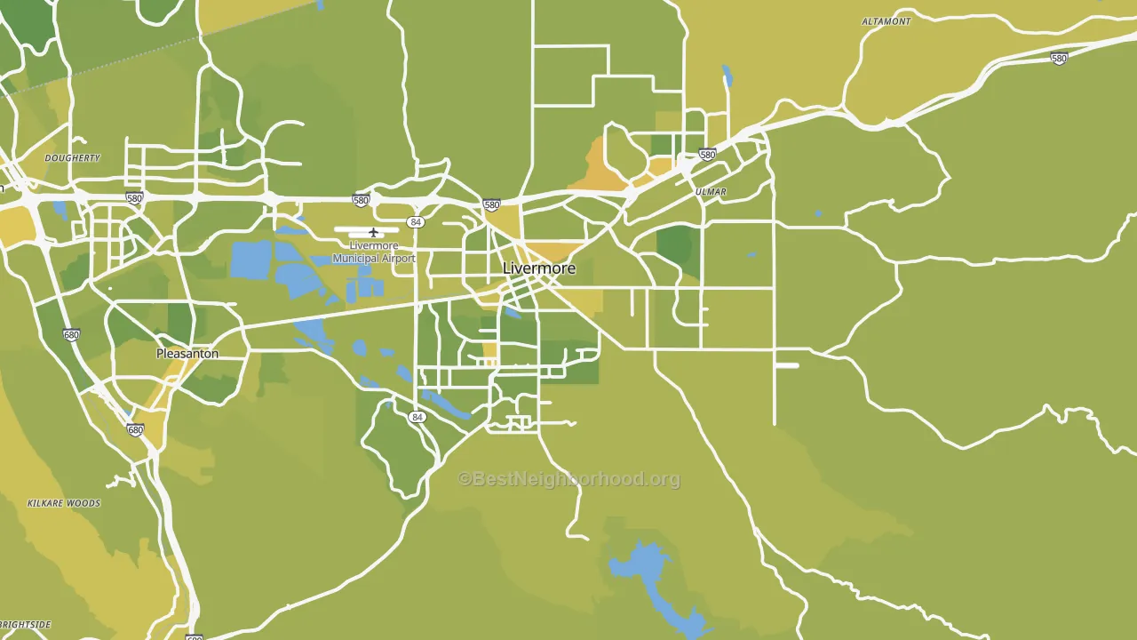 Map of the best neighborhoods in the 94550 area, with better matches in green and worse matches in red
