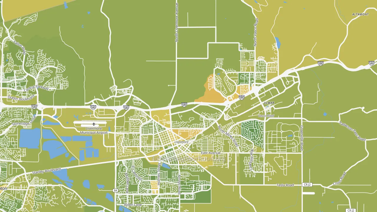 Map of the best neighborhoods in the 94551 area, with better matches in green and worse matches in red