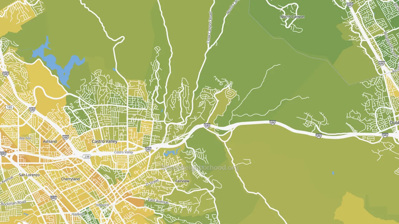 Map of the best neighborhoods in the 94552 area, with better matches in green and worse matches in red