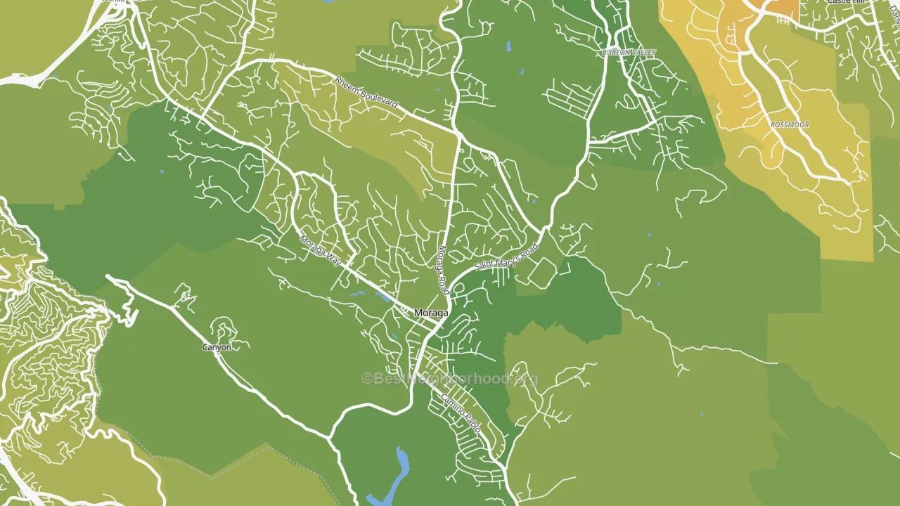 Map of the best neighborhoods in the 94556 area, with better matches in green and worse matches in red