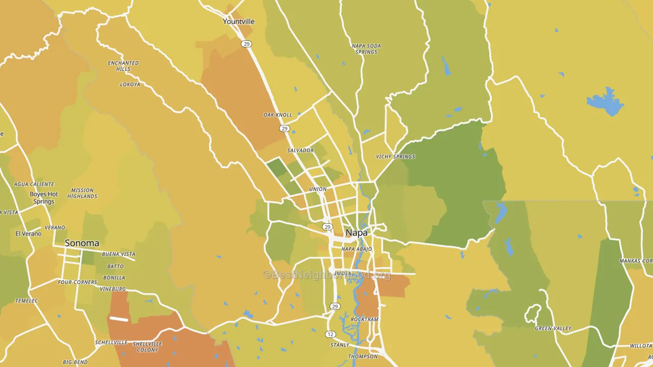 Map of the best neighborhoods in the 94558 area, with better matches in green and worse matches in red