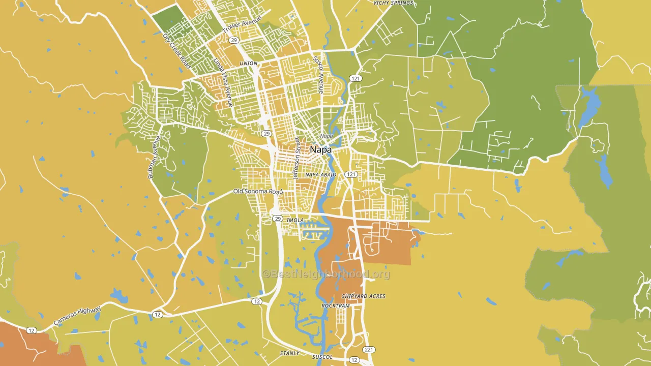 Map of the best neighborhoods in the 94559 area, with better matches in green and worse matches in red