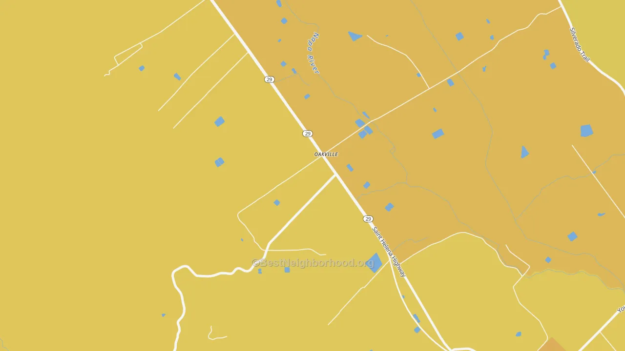 Map of the best neighborhoods in the 94562 area, with better matches in green and worse matches in red