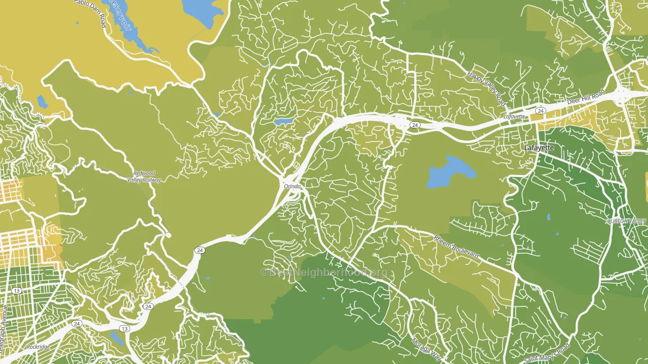 Map of the best neighborhoods in the 94563 area, with better matches in green and worse matches in red
