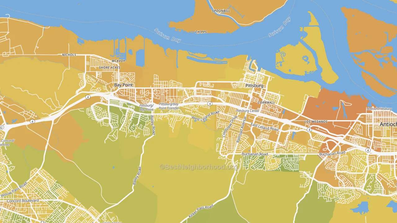 Map of the best neighborhoods in the 94565 area, with better matches in green and worse matches in red