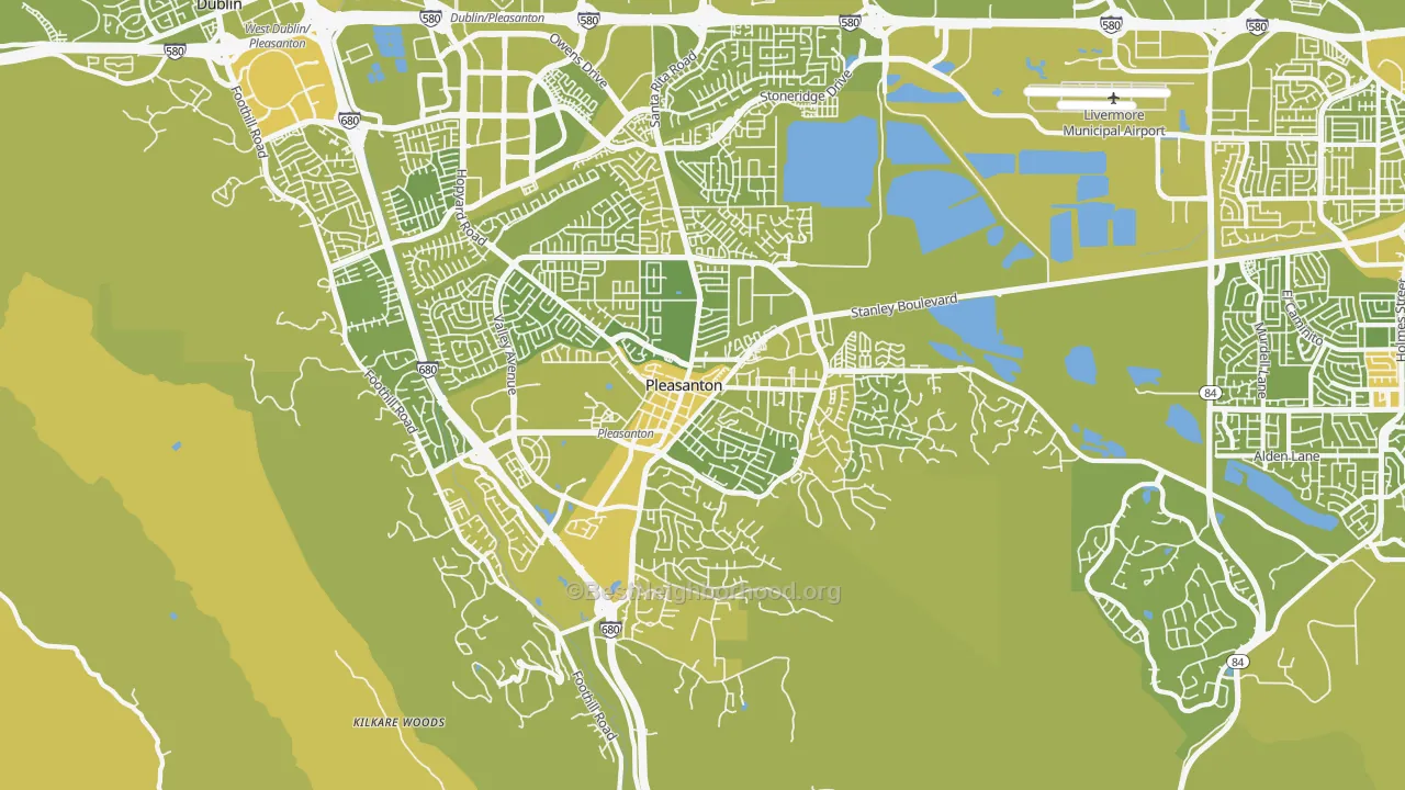 Map of the best neighborhoods in the 94566 area, with better matches in green and worse matches in red