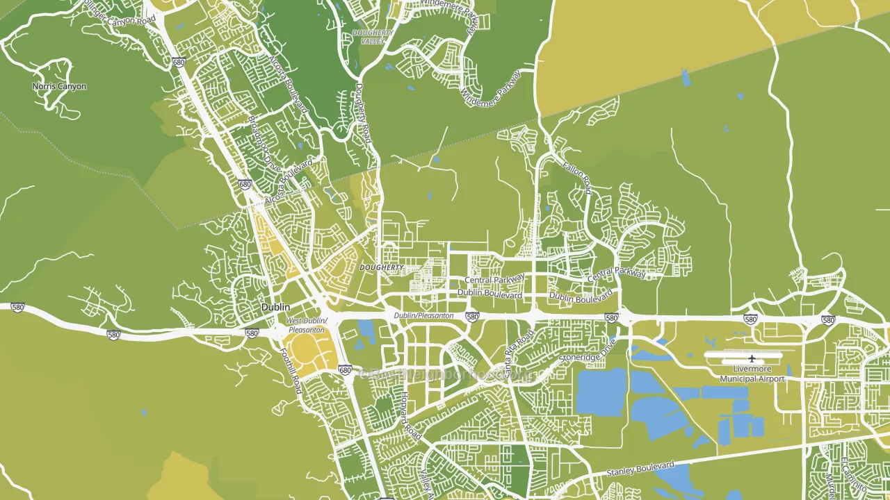Map of the best neighborhoods in the 94568 area, with better matches in green and worse matches in red