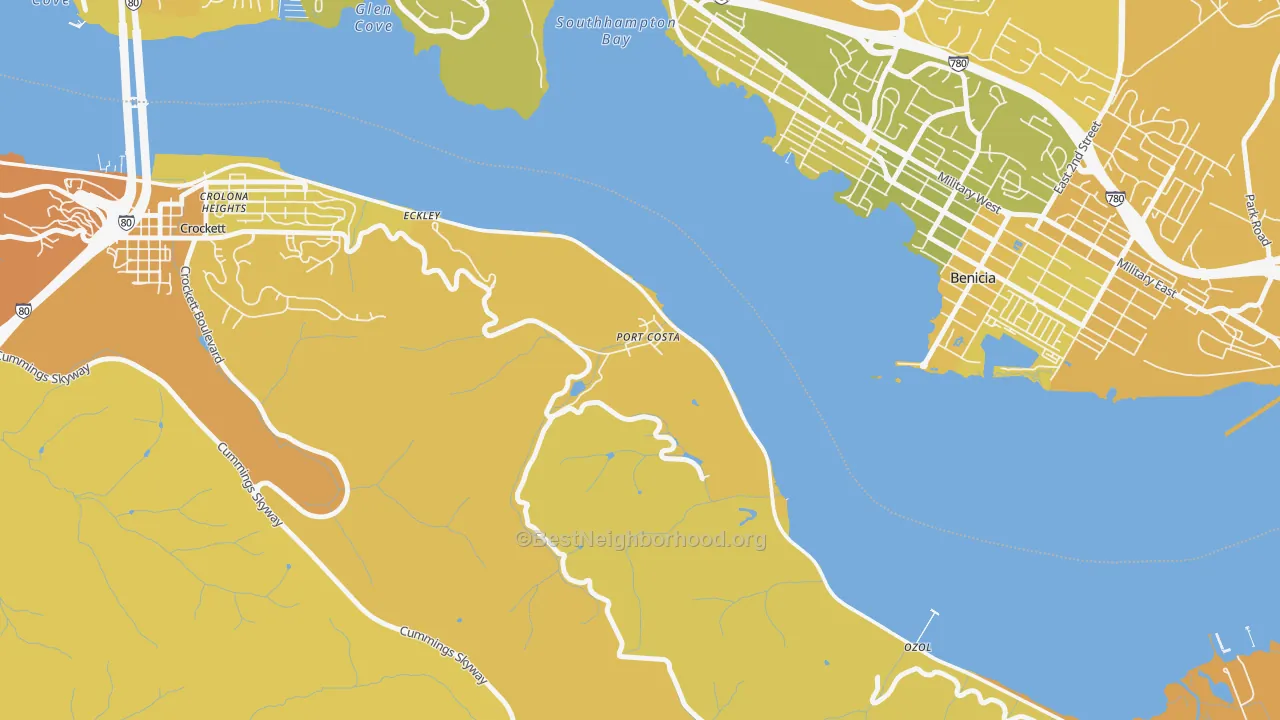 Map of the best neighborhoods in the 94569 area, with better matches in green and worse matches in red