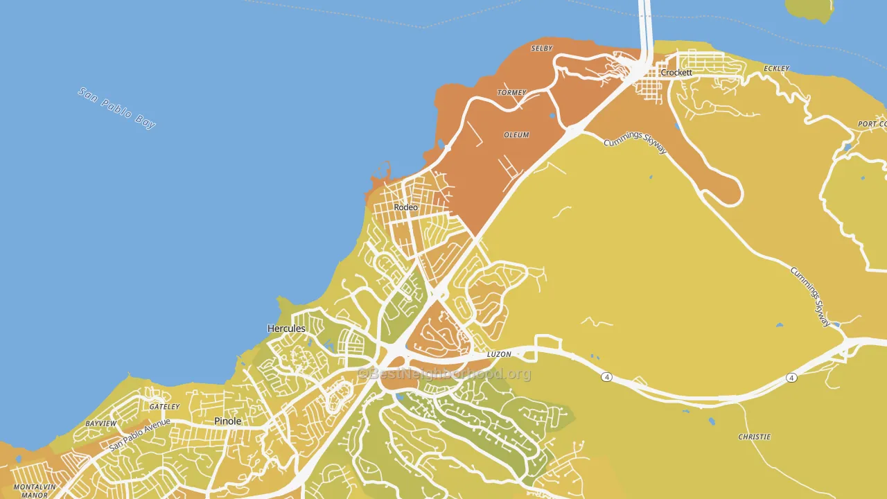 Map of the best neighborhoods in the 94572 area, with better matches in green and worse matches in red