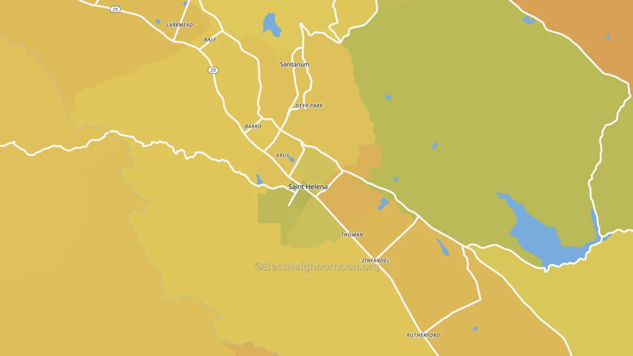Map of the best neighborhoods in the 94574 area, with better matches in green and worse matches in red
