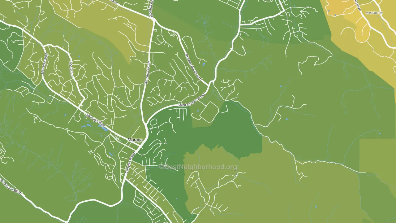 Map of the best neighborhoods in the 94575 area, with better matches in green and worse matches in red