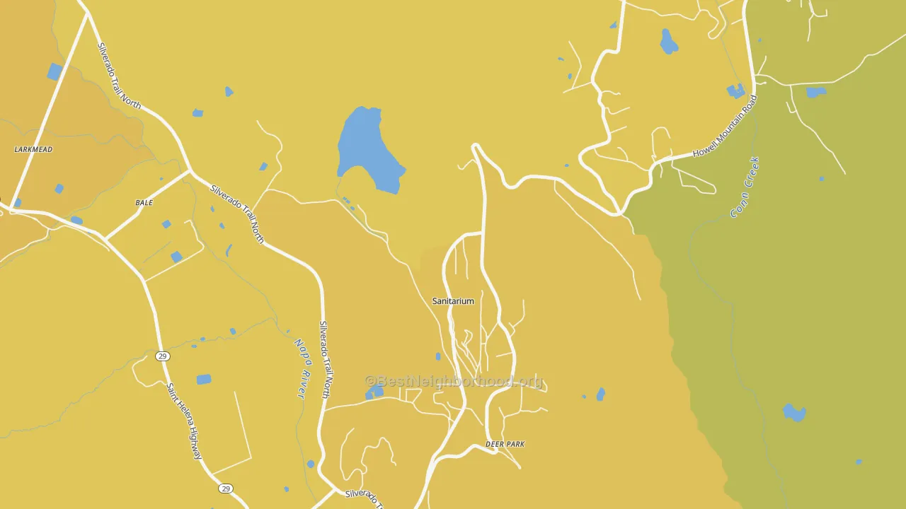 Map of the best neighborhoods in the 94576 area, with better matches in green and worse matches in red