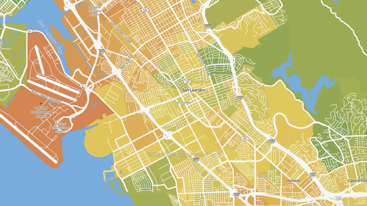Map of the best neighborhoods in the 94577 area, with better matches in green and worse matches in red
