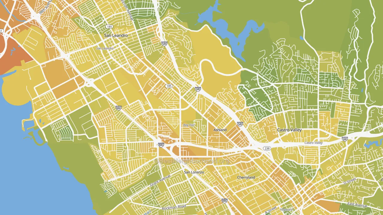 Map of the best neighborhoods in the 94578 area, with better matches in green and worse matches in red