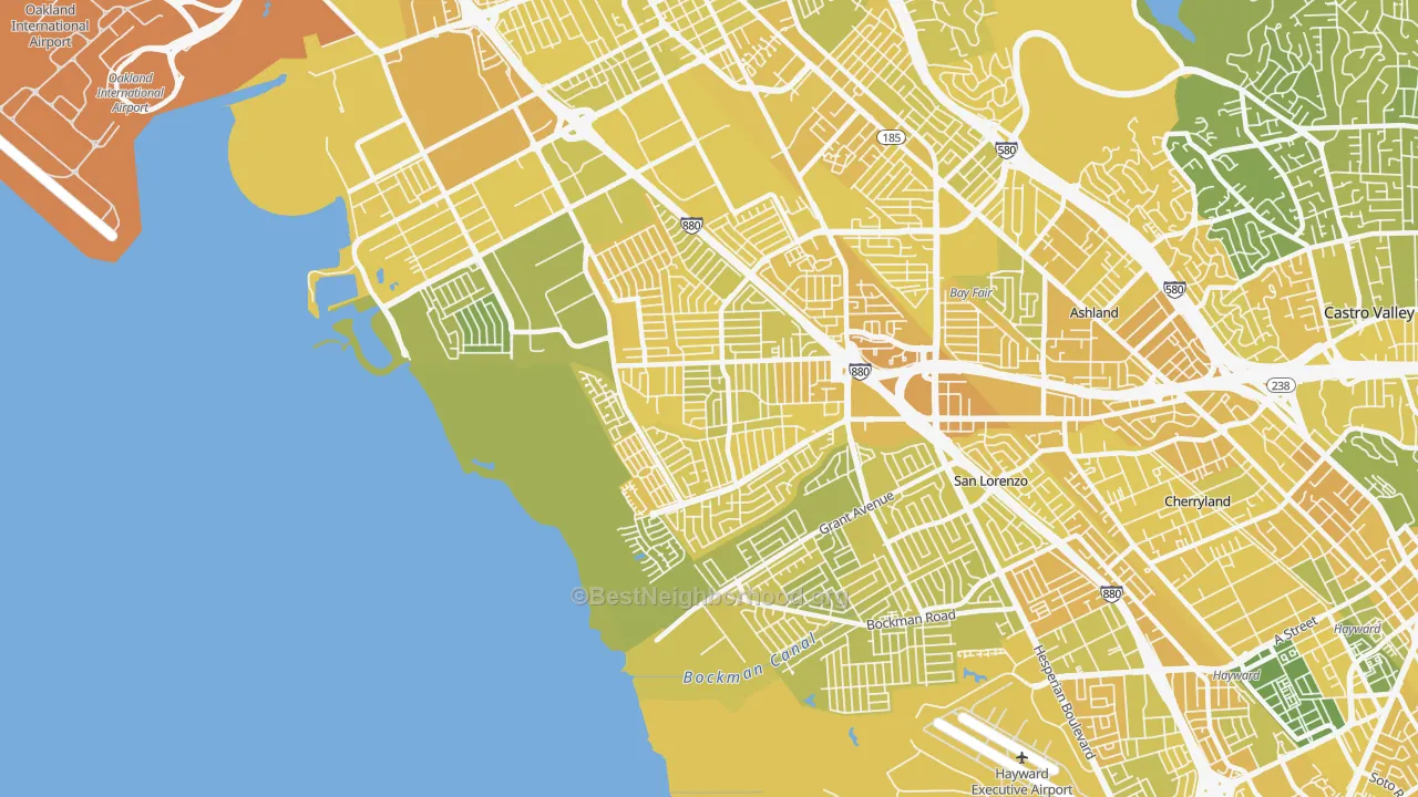 Map of the best neighborhoods in the 94579 area, with better matches in green and worse matches in red