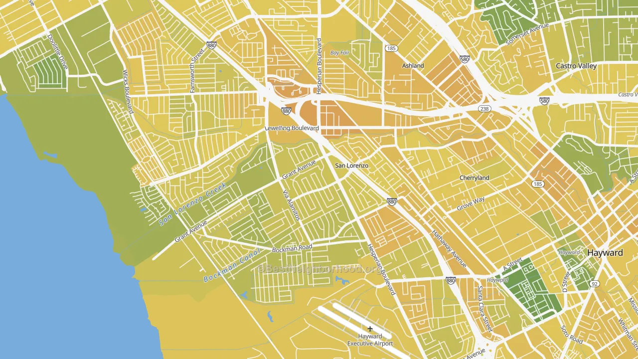 Map of the best neighborhoods in the 94580 area, with better matches in green and worse matches in red