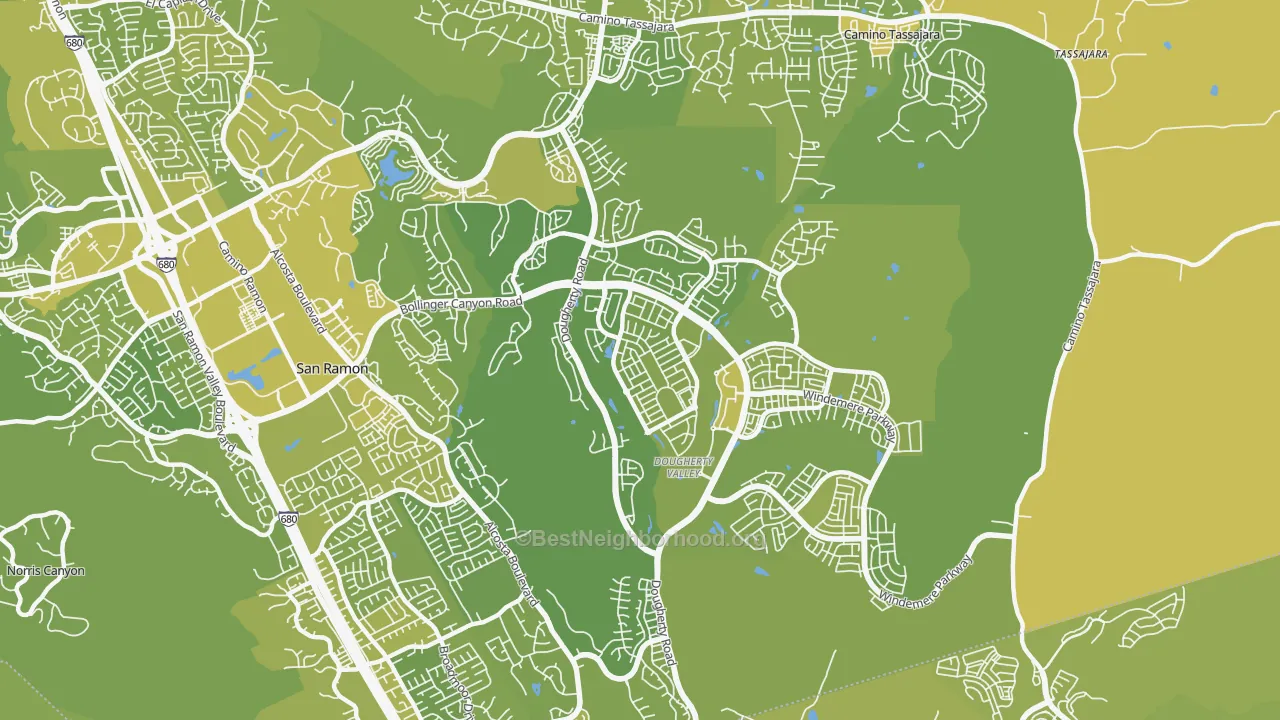 Map of the best neighborhoods in the 94582 area, with better matches in green and worse matches in red