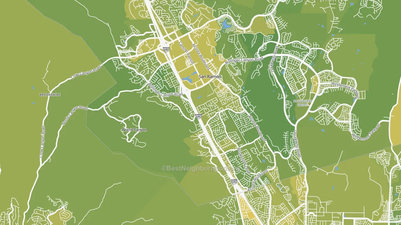Map of the best neighborhoods in the 94583 area, with better matches in green and worse matches in red