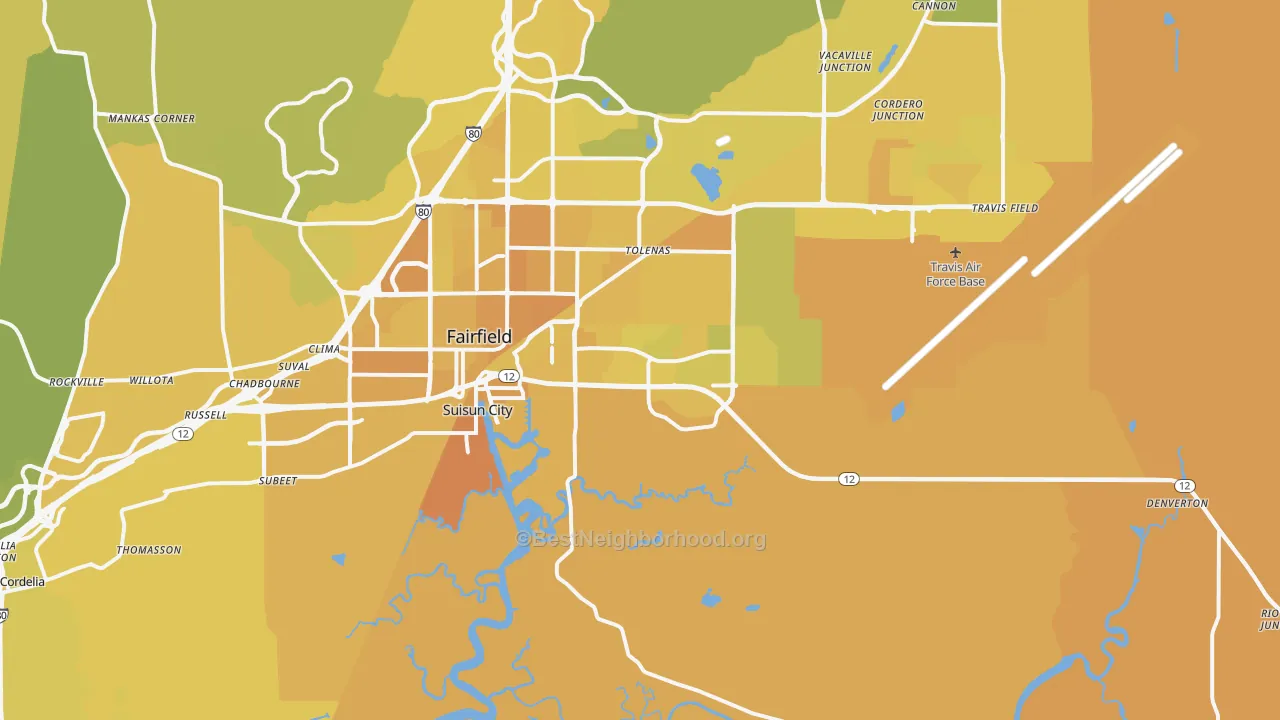 Map of the best neighborhoods in the 94585 area, with better matches in green and worse matches in red