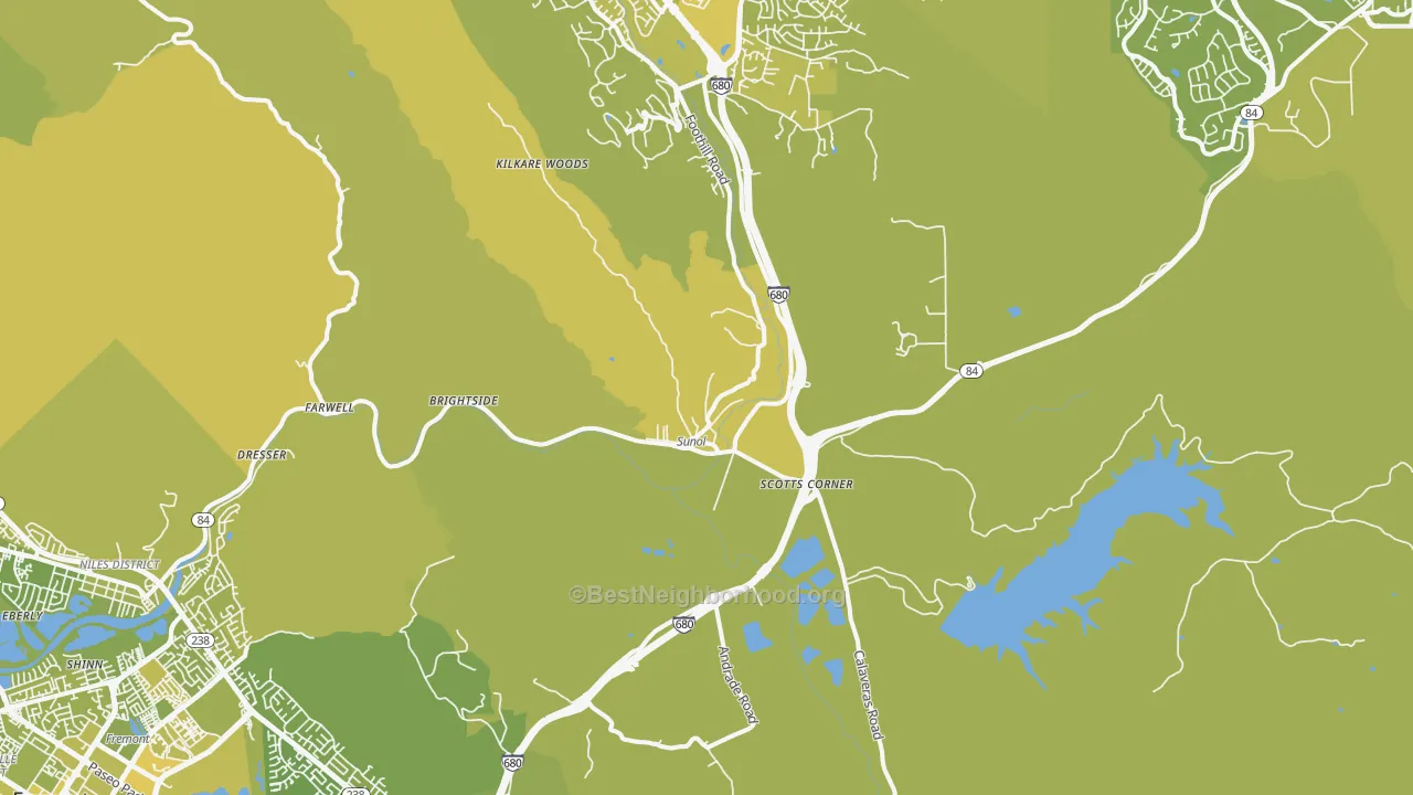 Map of the best neighborhoods in the 94586 area, with better matches in green and worse matches in red