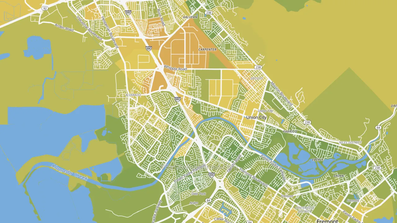 Map of the best neighborhoods in the 94587 area, with better matches in green and worse matches in red