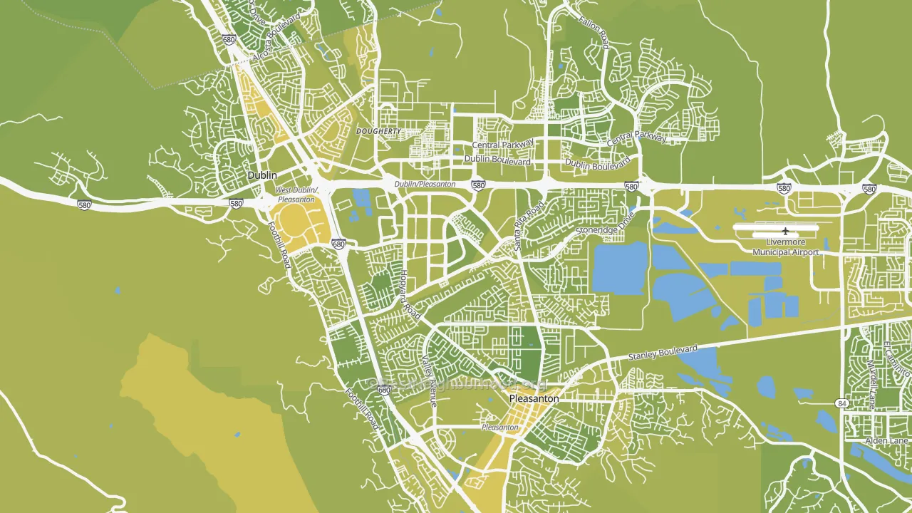 Map of the best neighborhoods in the 94588 area, with better matches in green and worse matches in red