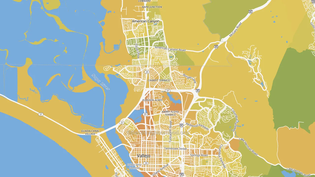 Map of the best neighborhoods in the 94589 area, with better matches in green and worse matches in red