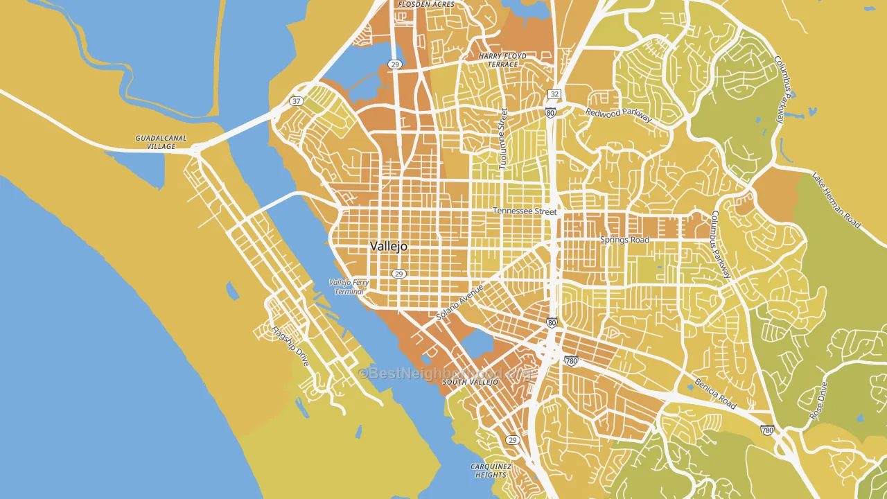 Map of the best neighborhoods in the 94590 area, with better matches in green and worse matches in red