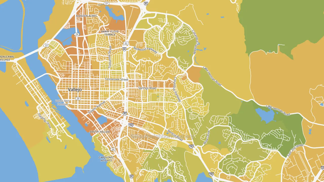Map of the best neighborhoods in the 94591 area, with better matches in green and worse matches in red