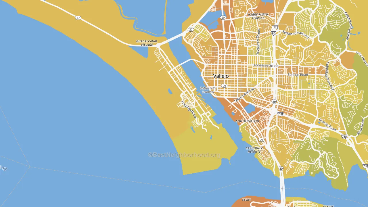 Map of the best neighborhoods in the 94592 area, with better matches in green and worse matches in red