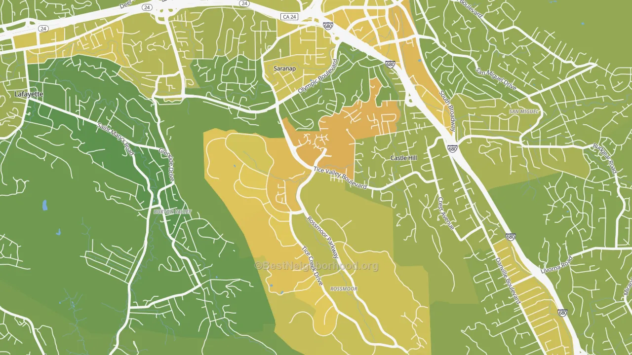 Map of the best neighborhoods in the 94595 area, with better matches in green and worse matches in red