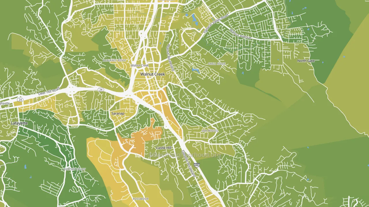 Map of the best neighborhoods in the 94596 area, with better matches in green and worse matches in red