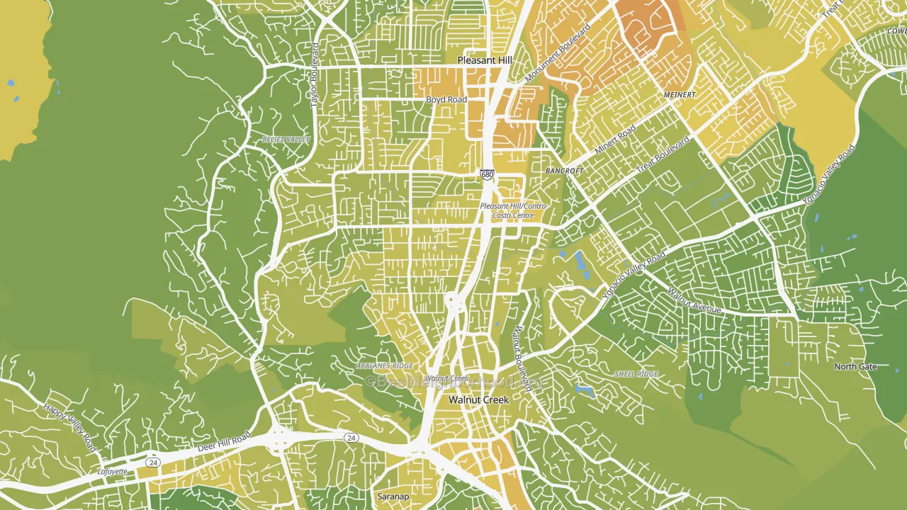 Map of the best neighborhoods in the 94597 area, with better matches in green and worse matches in red