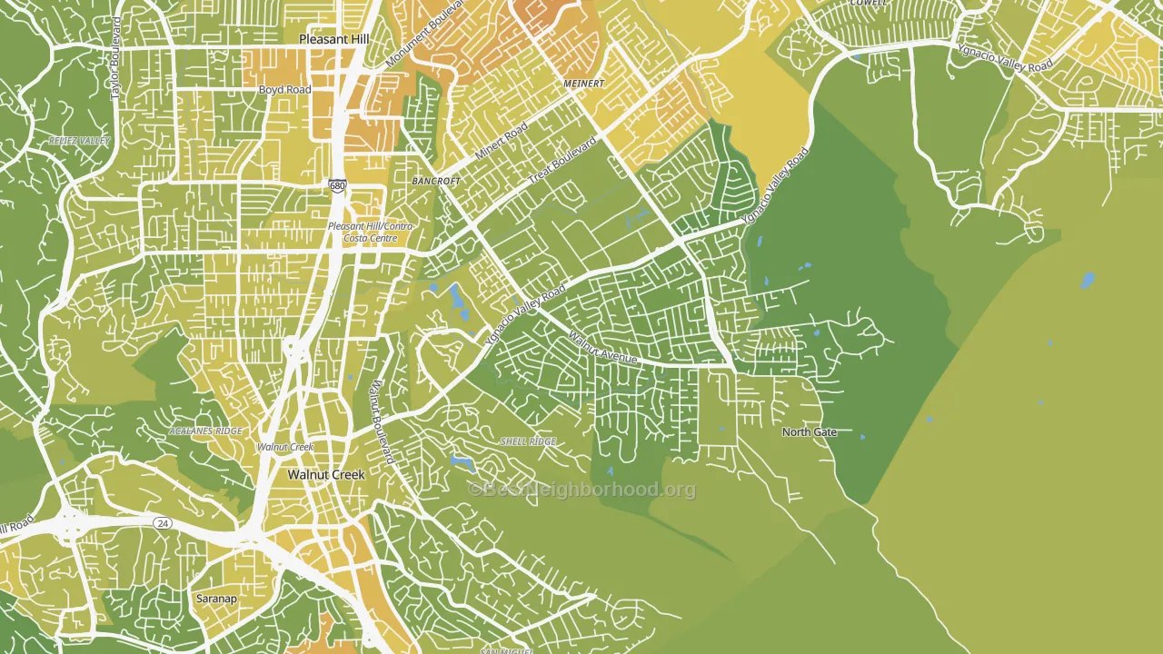 Map of the best neighborhoods in the 94598 area, with better matches in green and worse matches in red
