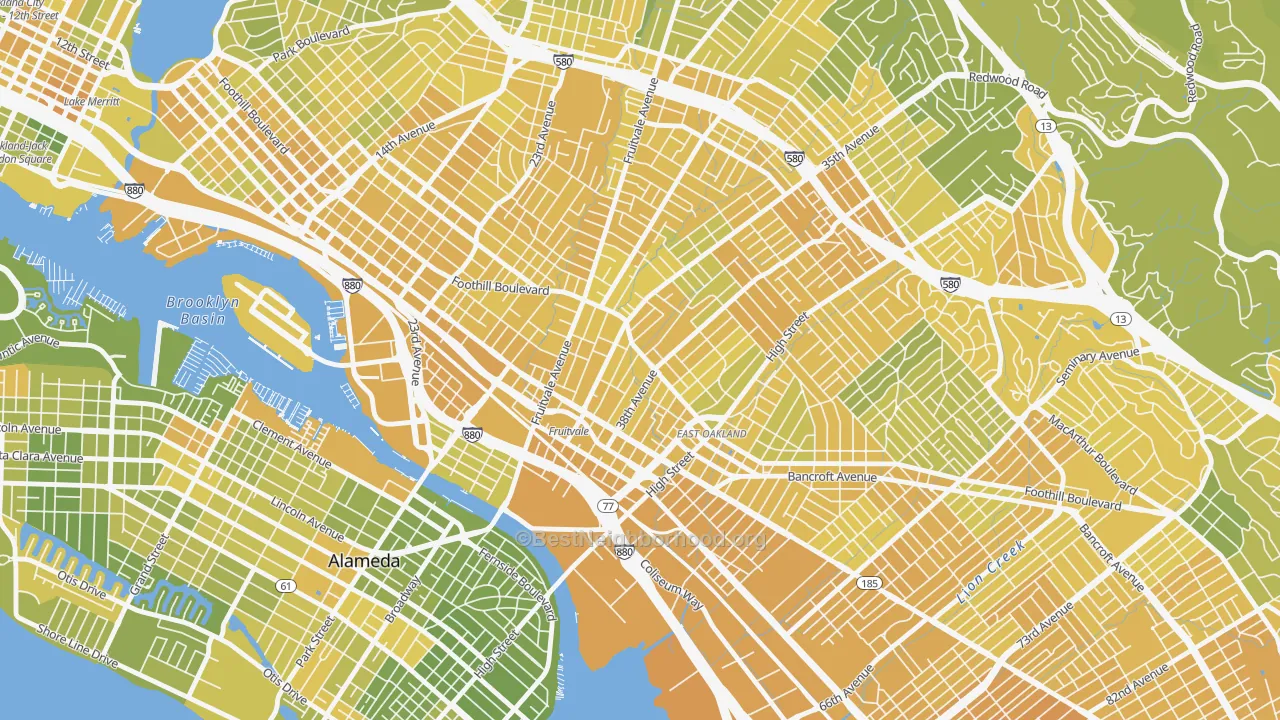 Map of the best neighborhoods in the 94601 area, with better matches in green and worse matches in red