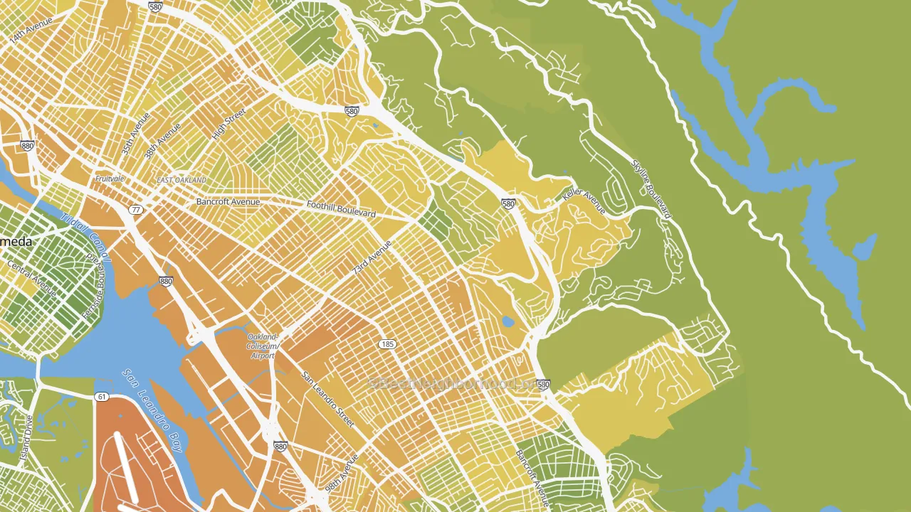 Map of the best neighborhoods in the 94605 area, with better matches in green and worse matches in red