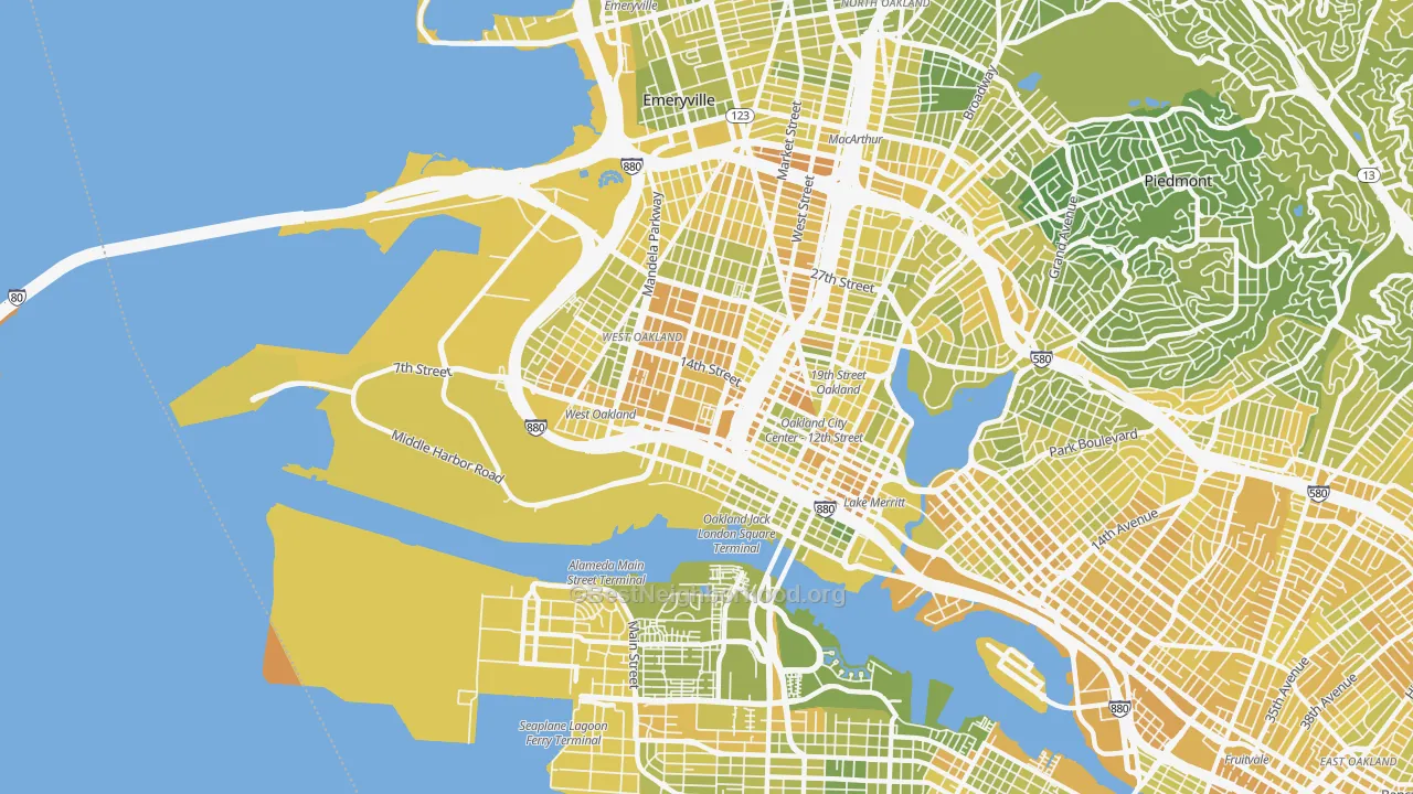 Map of the best neighborhoods in the 94607 area, with better matches in green and worse matches in red