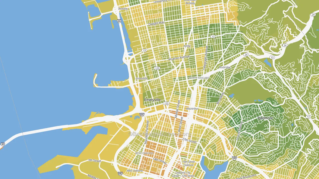 Map of the best neighborhoods in the 94608 area, with better matches in green and worse matches in red