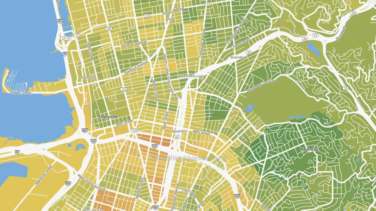 Map of the best neighborhoods in the 94609 area, with better matches in green and worse matches in red